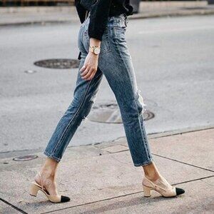 FOWT Nude Women Pointed Toe Pumps Chunky Mid Heel Slingback Sandals Fashion